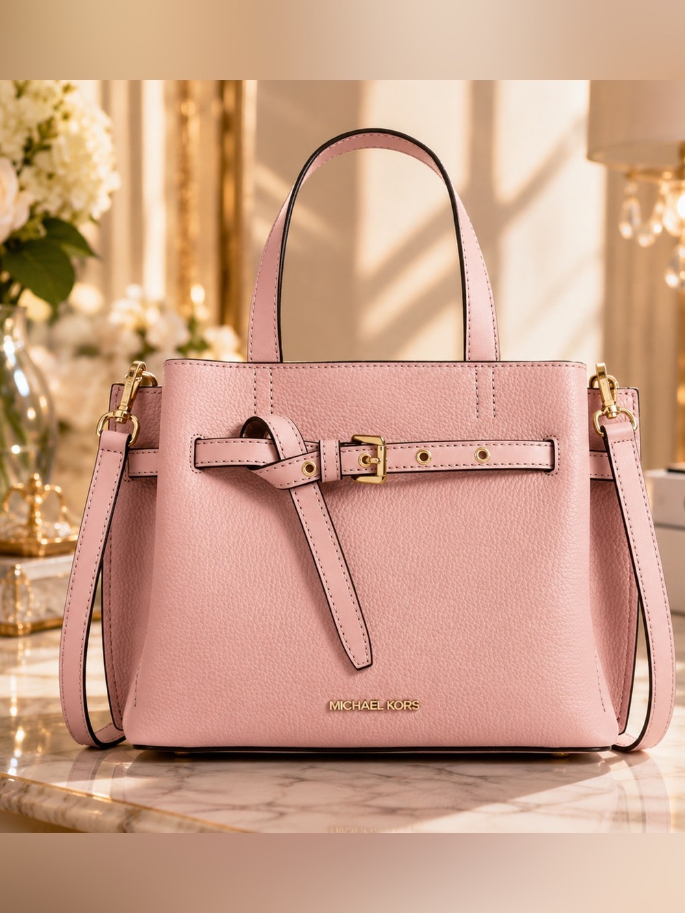 Michael Kors Blush Emilia Pink Pebbled Leather Satchel New Unwrap